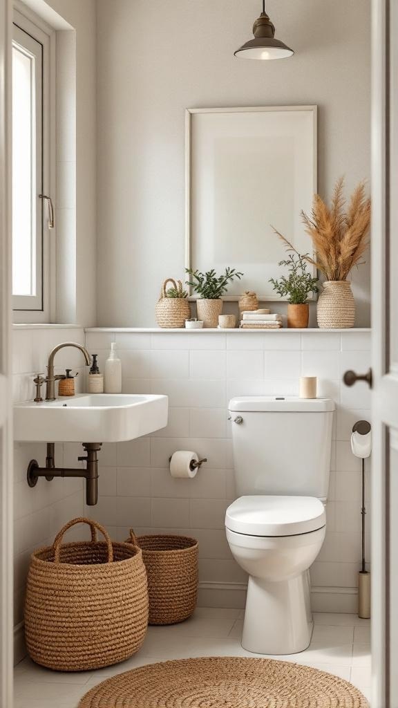 A spa-inspired bathroom featuring natural fiber baskets for organization.