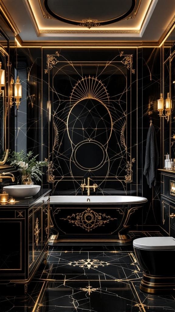 Luxurious black and gold bathroom design with elegant fixtures and decor.