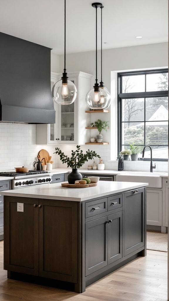 Sleek minimalist pendant lights hanging over a farmhouse kitchen island.