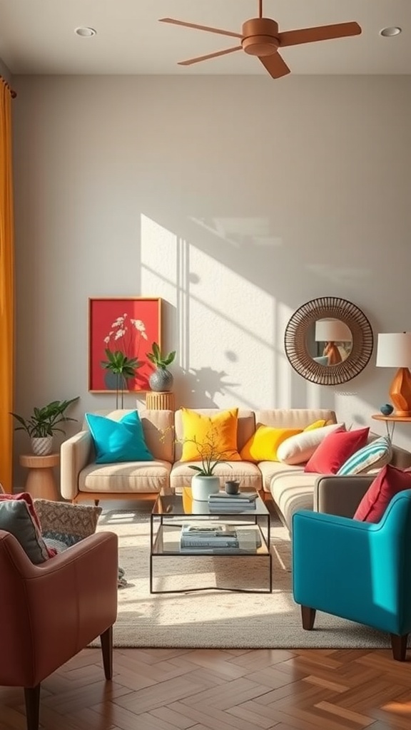 A cozy living room with colorful cushions and decor.