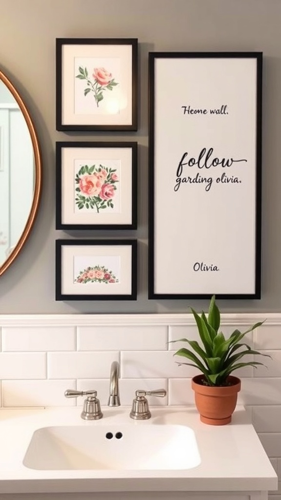 A stylish bathroom featuring framed artwork on the walls, including a botanical print and a quote.