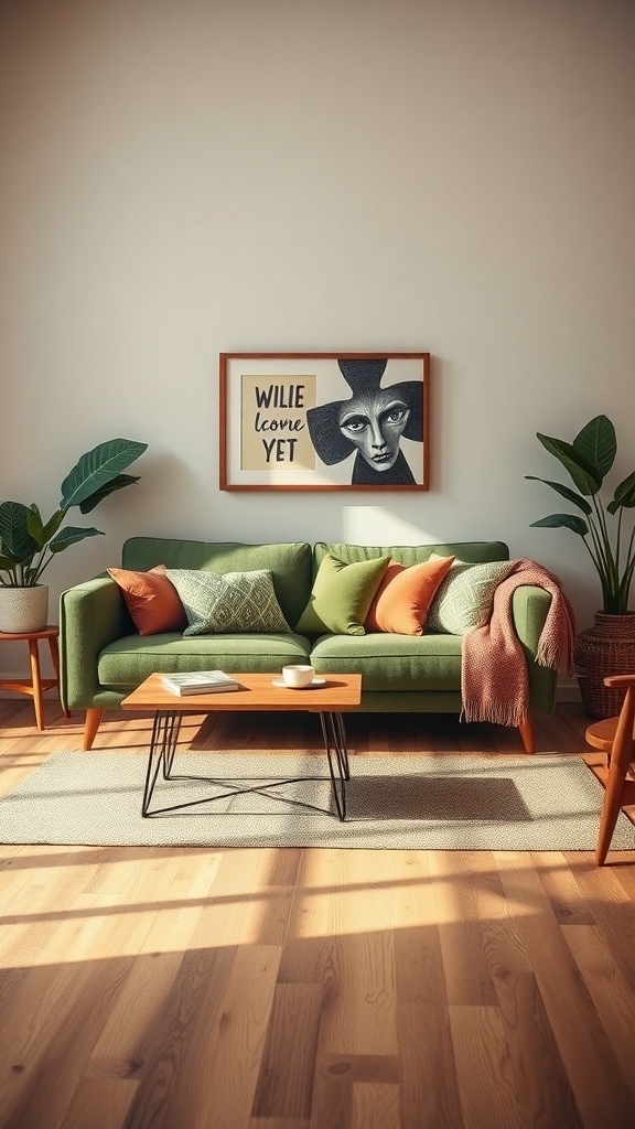 Cozy living room featuring a retro green sofa, colorful cushions, wooden coffee table, and potted plants.