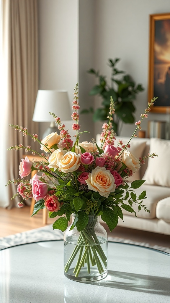 A vibrant bouquet of roses and greenery in a glass vase on a coffee table.