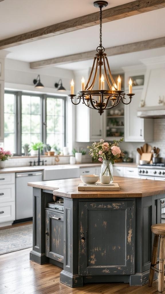 Rustic farmhouse candle chandelier hanging above a kitchen island.