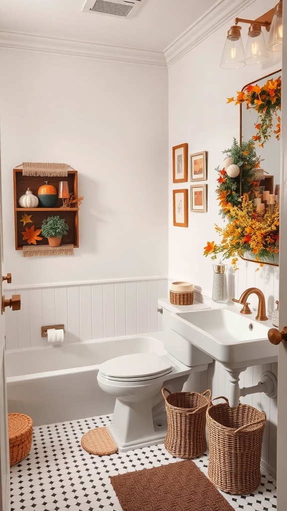 A stylish bathroom with seasonal decor, featuring autumn leaves and cozy accents.