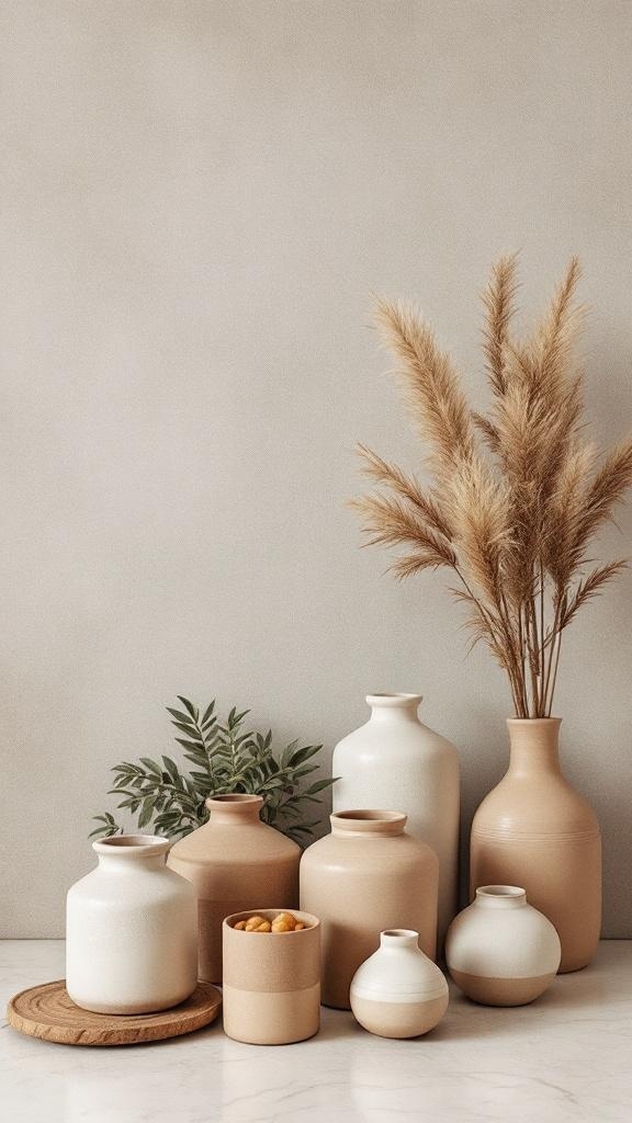 A collection of ceramic vessels in warm earth tones, featuring various shapes and sizes, with some greenery and dried flowers.