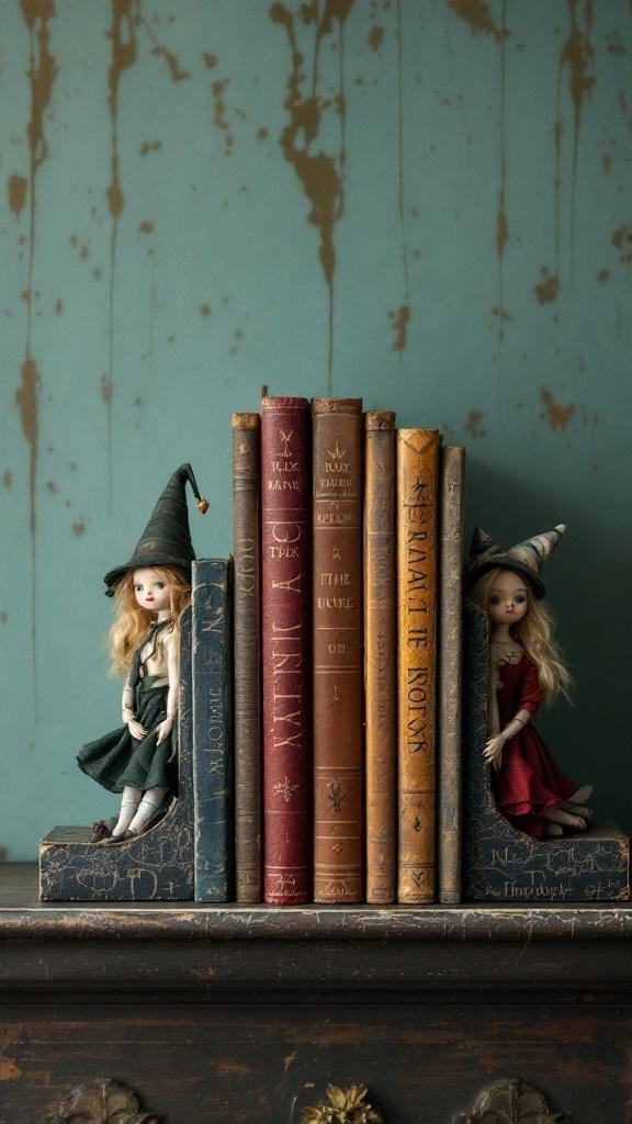 Two dolls dressed as witches serving as bookends for a stack of vintage books.
