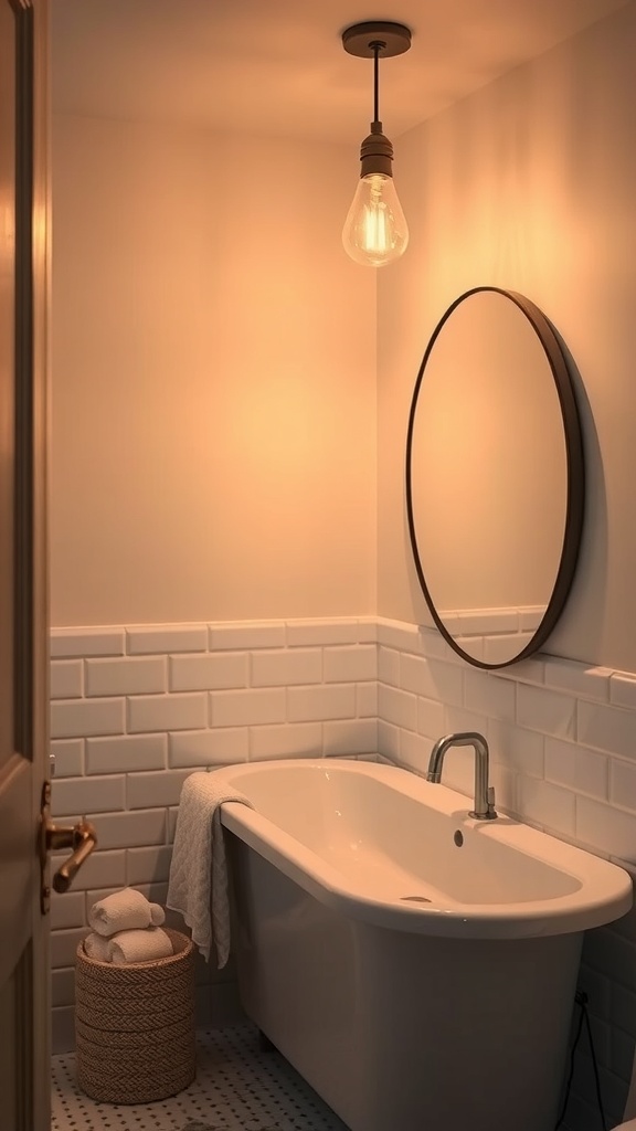 A dimly lit bathroom featuring Edison bulbs, a freestanding bathtub, and plants.