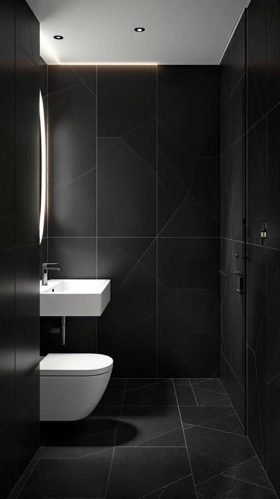 A modern dark bathroom featuring geometric patterns on the walls and floor.