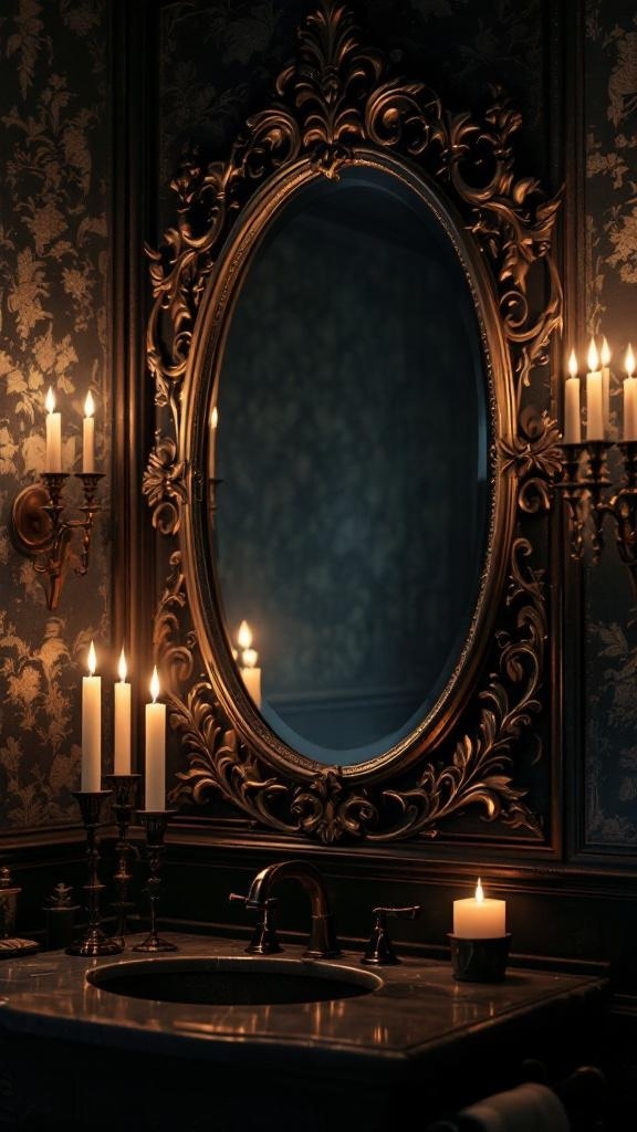 A gothic mirror with an ornate frame, surrounded by candles in a darkly themed bathroom.
