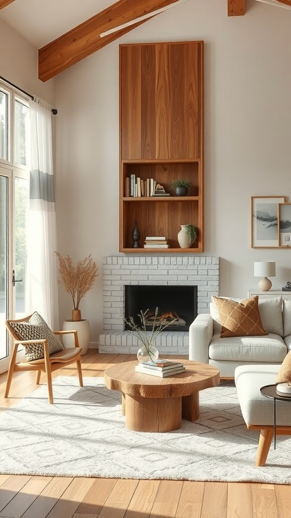 Cozy living room with wood accents, featuring a wooden coffee table and chair.