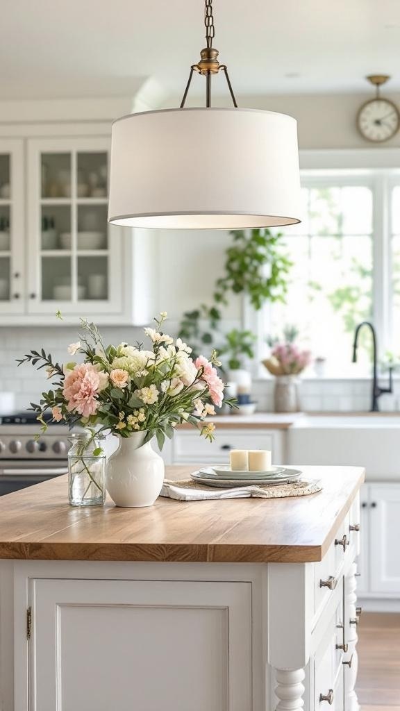 A stylish drum shade chandelier hanging above a kitchen island with flowers and plates.