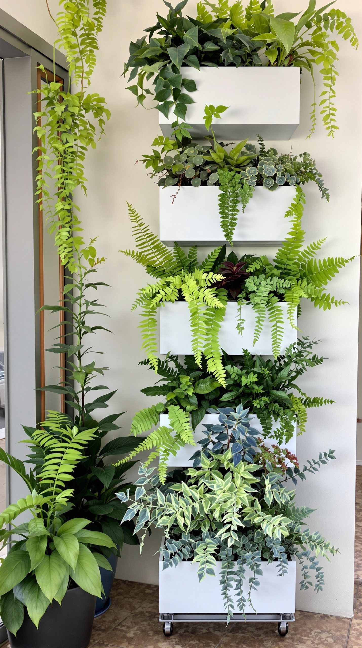 A vertical planter with layered plants including ferns, succulents, and trailing greenery in white planters.