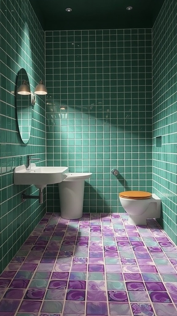 Bathroom with green tiled walls and purple patterned tiled floor