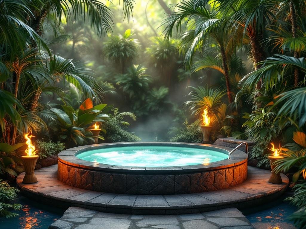A tropical jacuzzi spa surrounded by exotic plants and tiki torches.