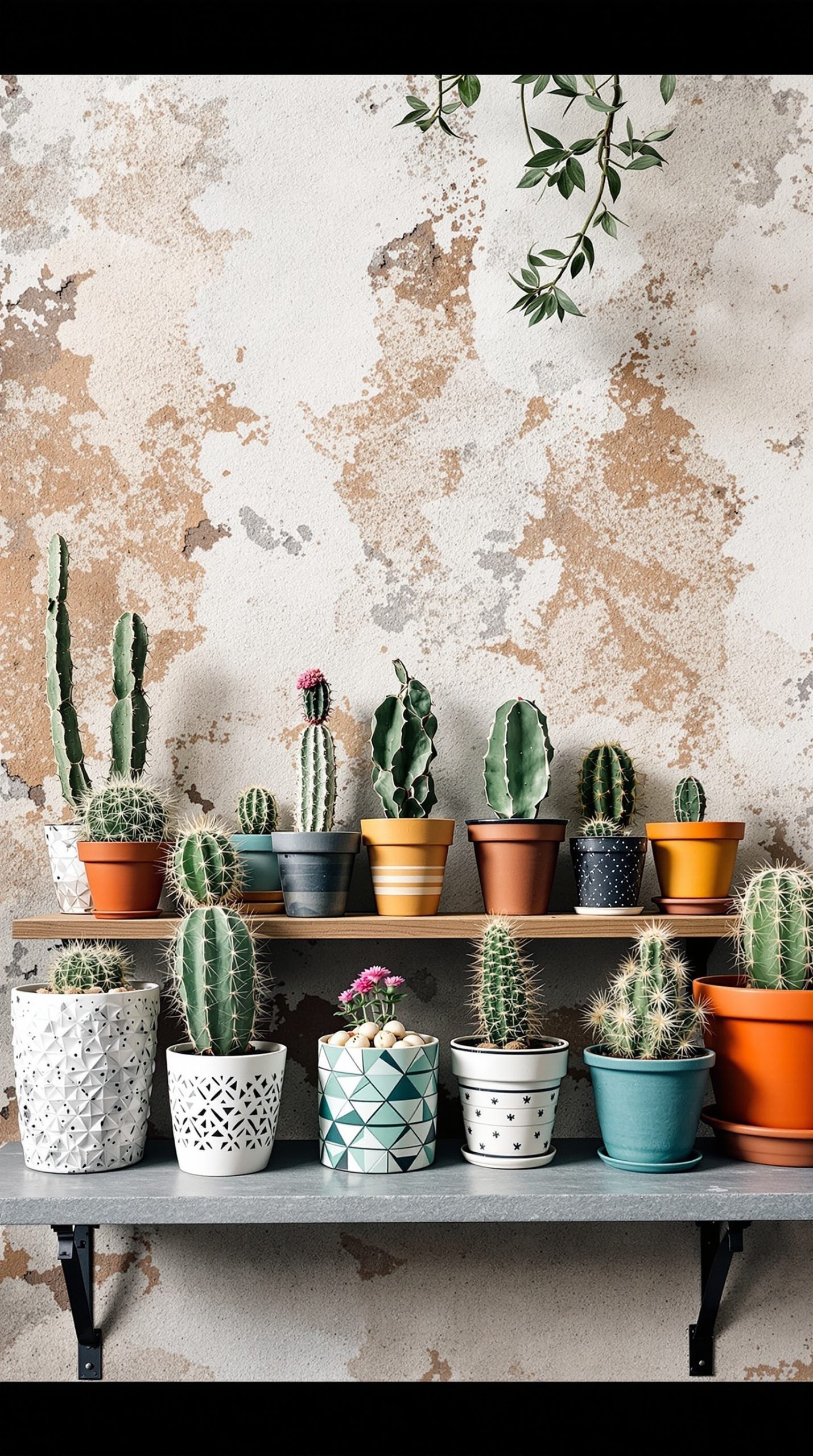 A display of various cacti in colorful pots arranged on a shelf against a textured wall.