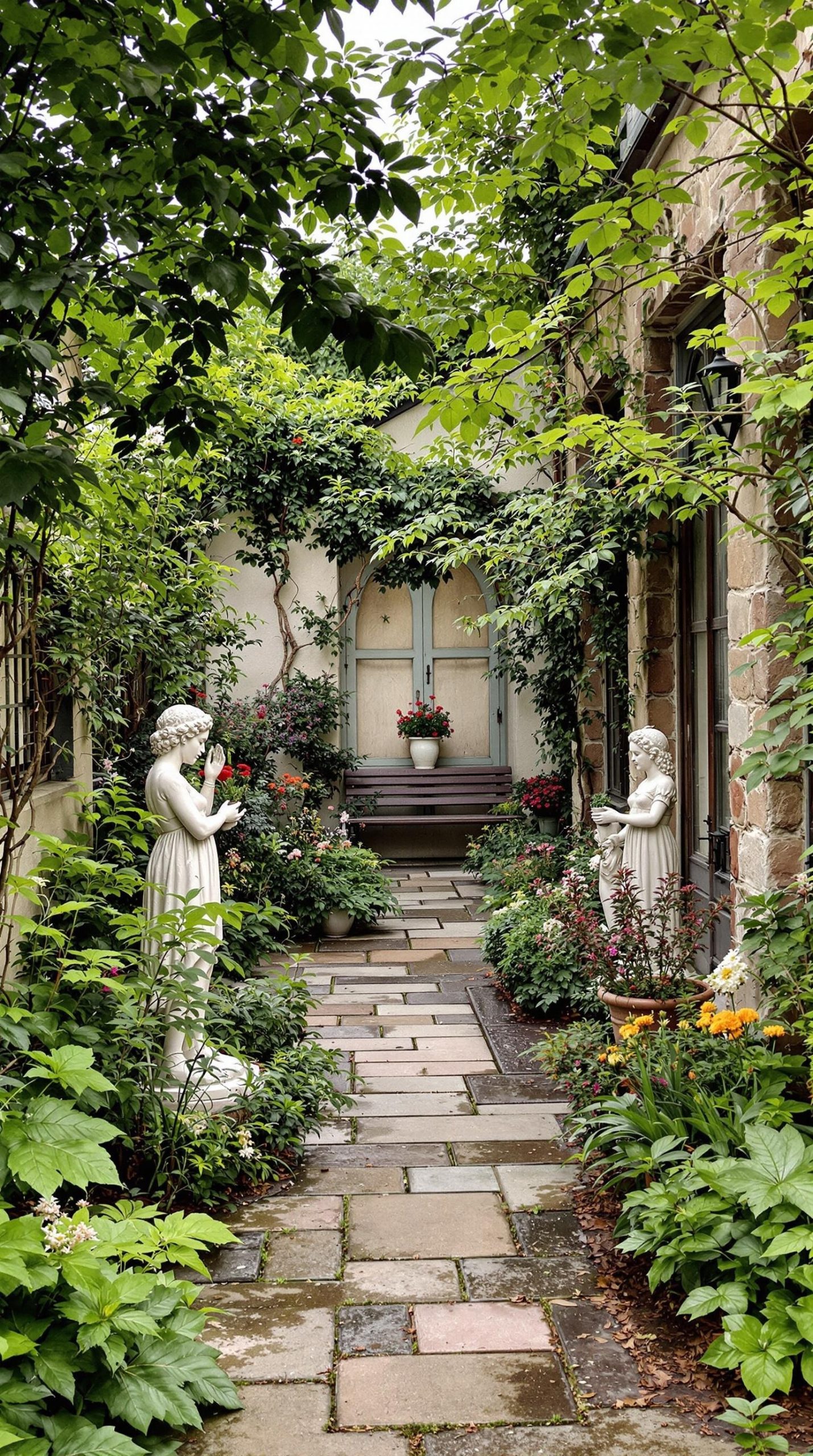 A charming garden pathway flanked by two elegant white statues and surrounded by lush greenery and colorful flowers.