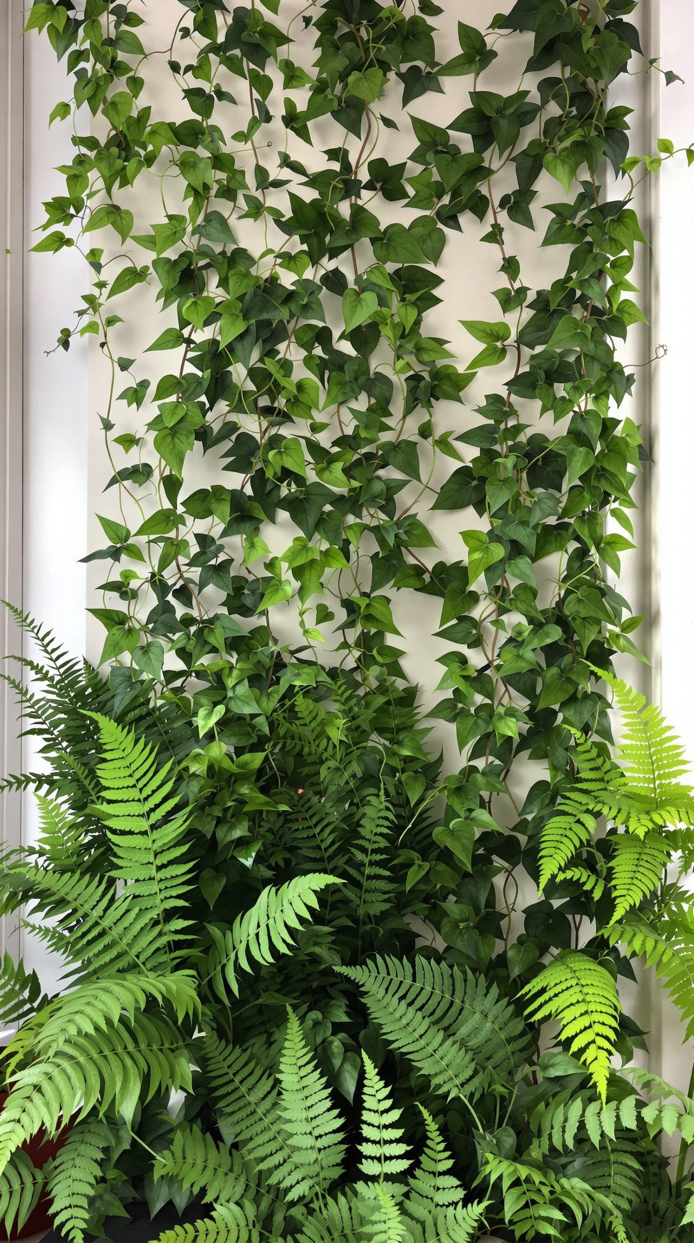 A combination of hanging ivy and ferns on a wall, showcasing vibrant green leaves.