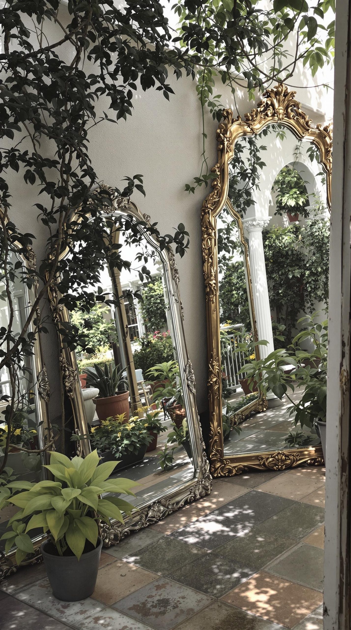 A collection of decorative vintage mirrors with ornate frames surrounded by greenery on a patio.
