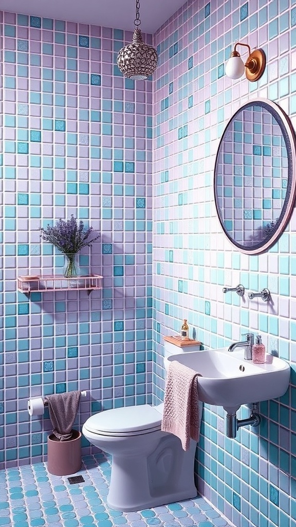 A bathroom featuring teal and lavender tiled walls with a small plant and cozy lighting.