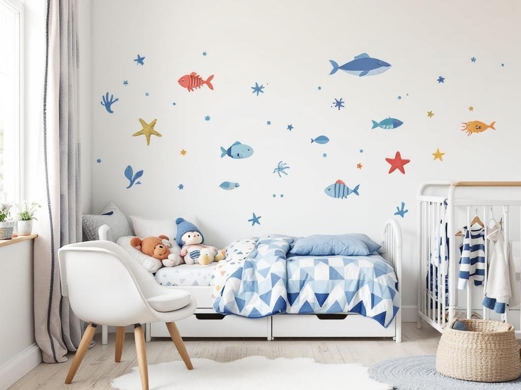 Colorful coastal-themed wall decals in a child's bedroom featuring fish and starfish.