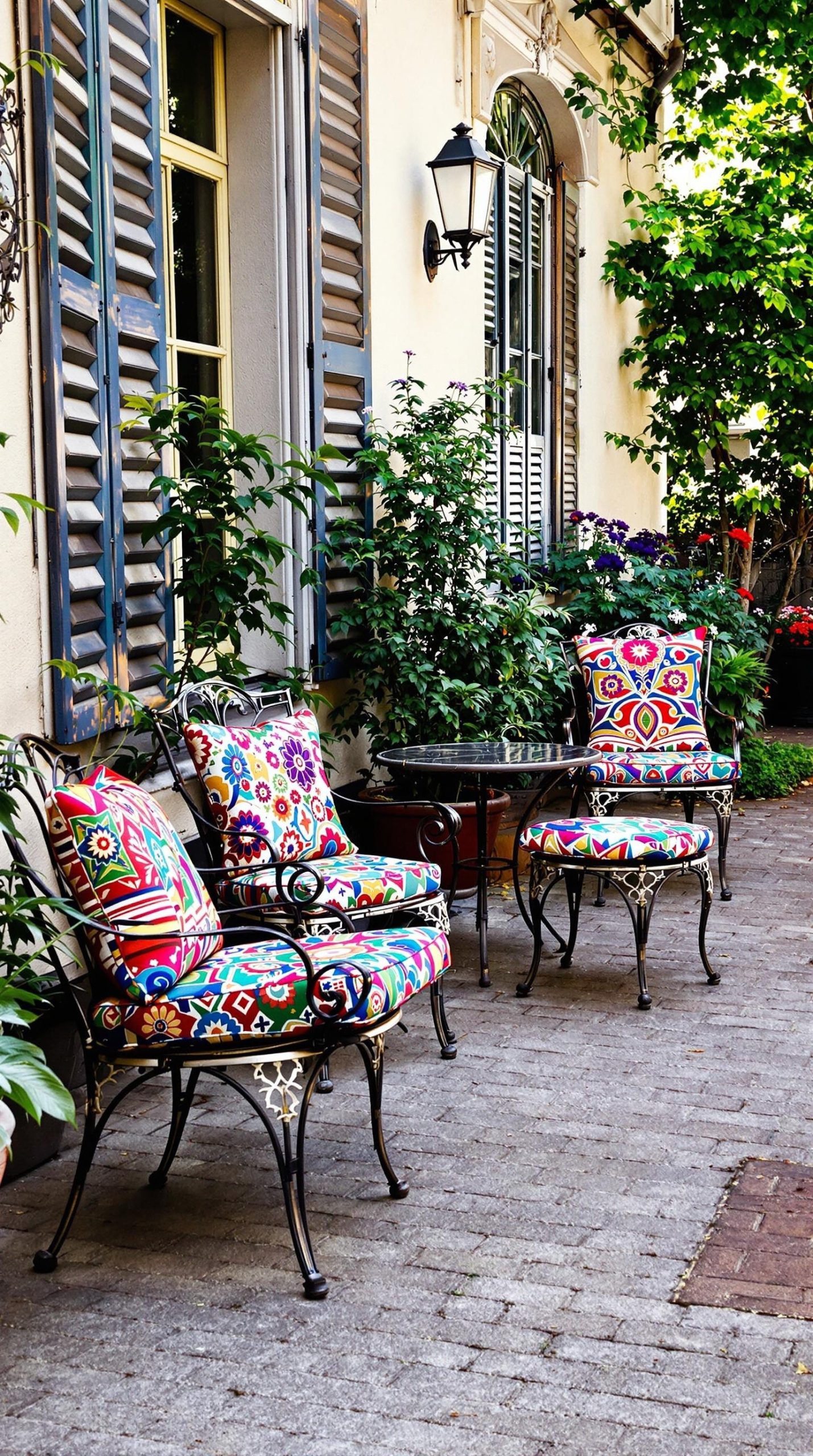 Colorful vintage cushions on wrought iron chairs in a cozy outdoor patio setting