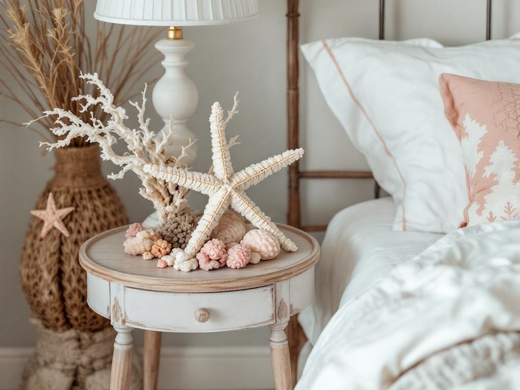 A starfish and coral centerpiece on a bedside table in a coastal bedroom setting.