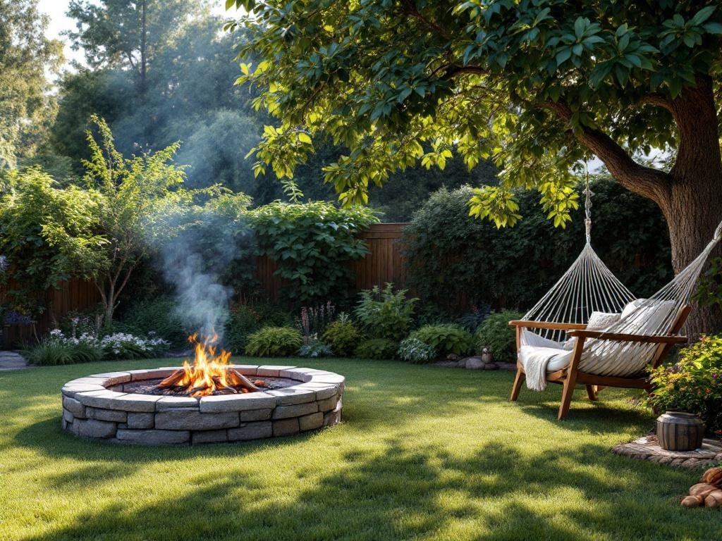 A backyard featuring a stone firepit with flames, a hammock hanging from a tree, and lush greenery.