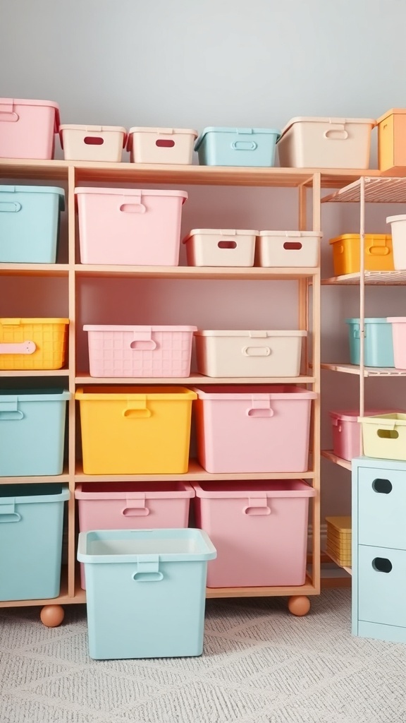 Colorful pastel storage bins on wooden shelves