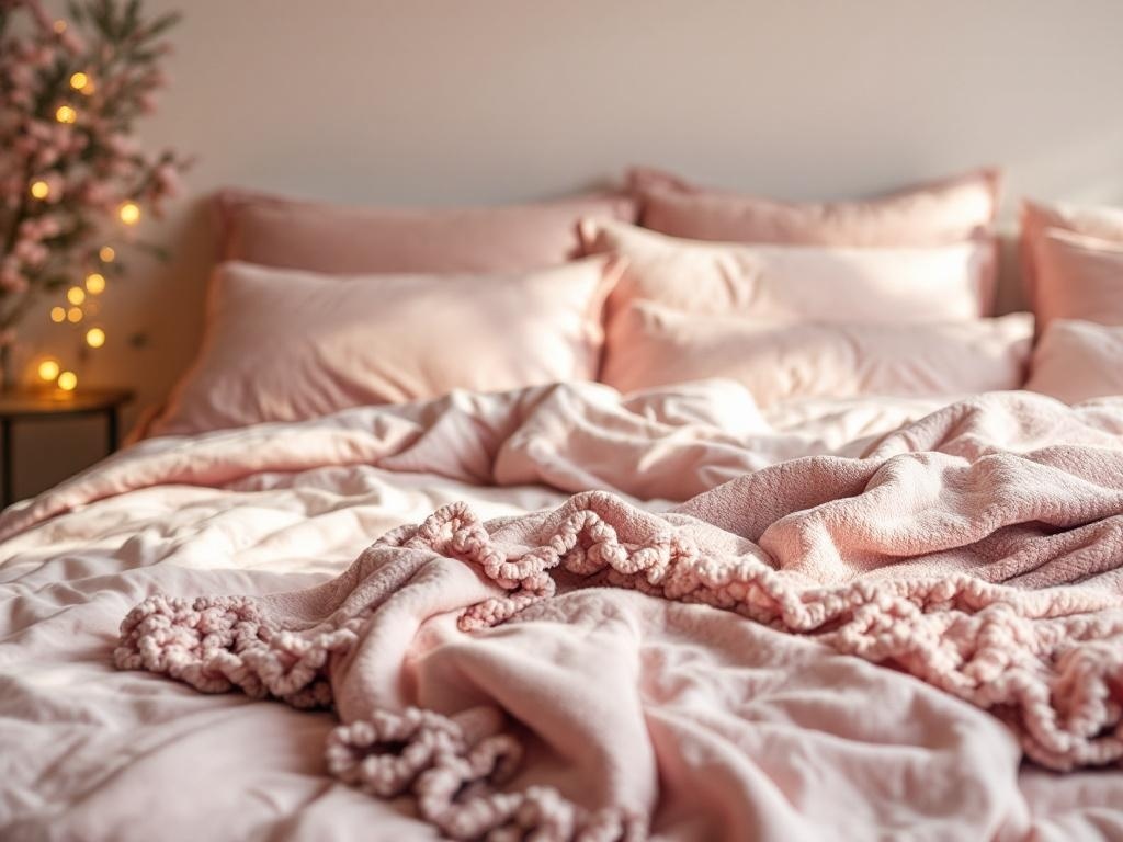 A beautifully arranged bed with soft pink bedding, plush pillows, and a textured blanket, creating a cozy and inviting atmosphere.