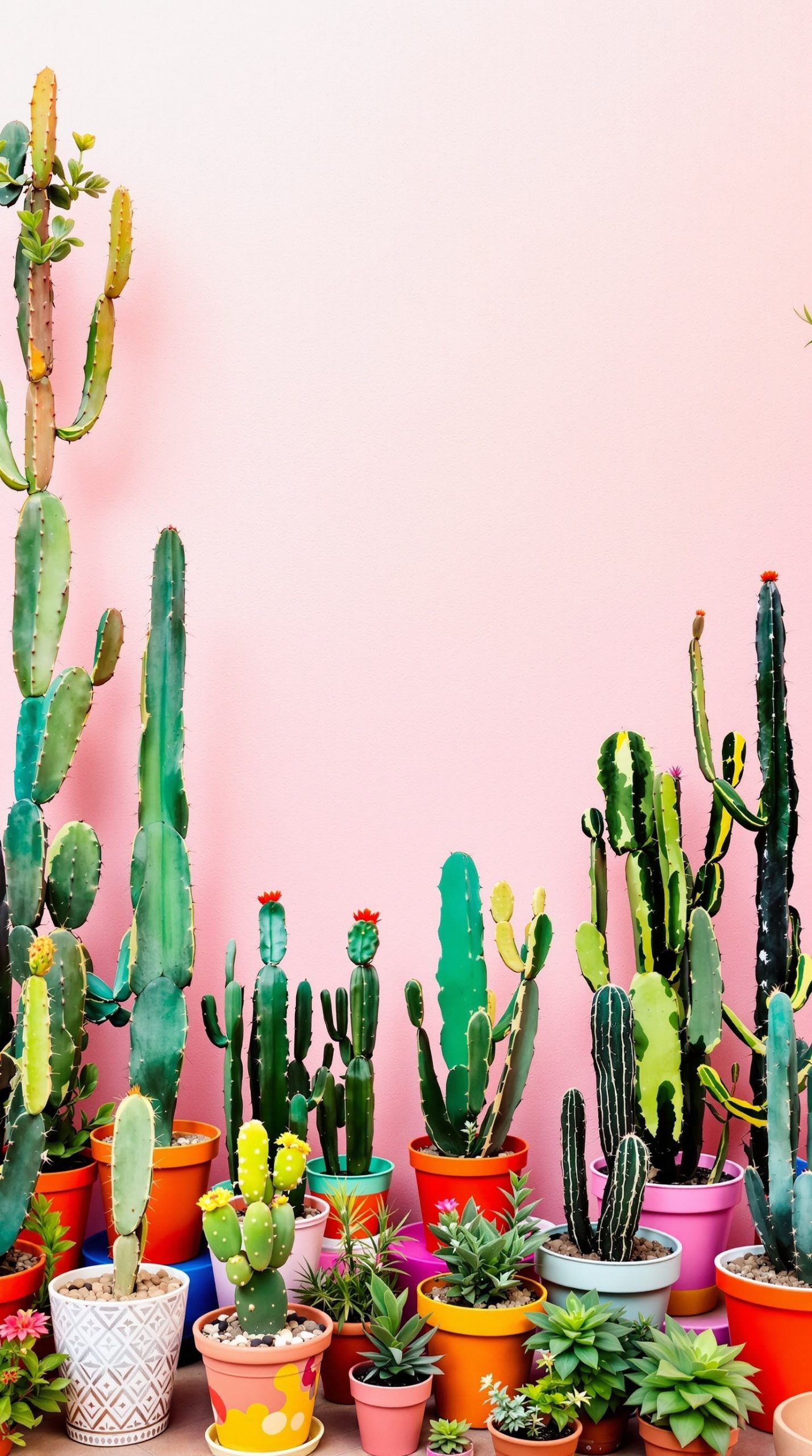 Colorful cacti in various pots against a pink background