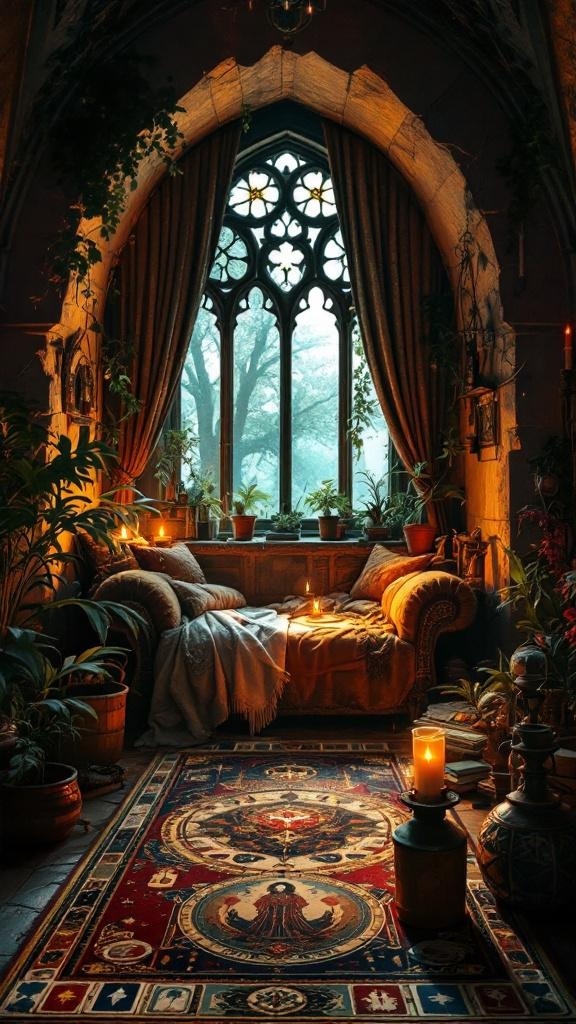 A cozy reading nook featuring a plush couch, soft blankets, candles, and a vibrant tarot card rug.