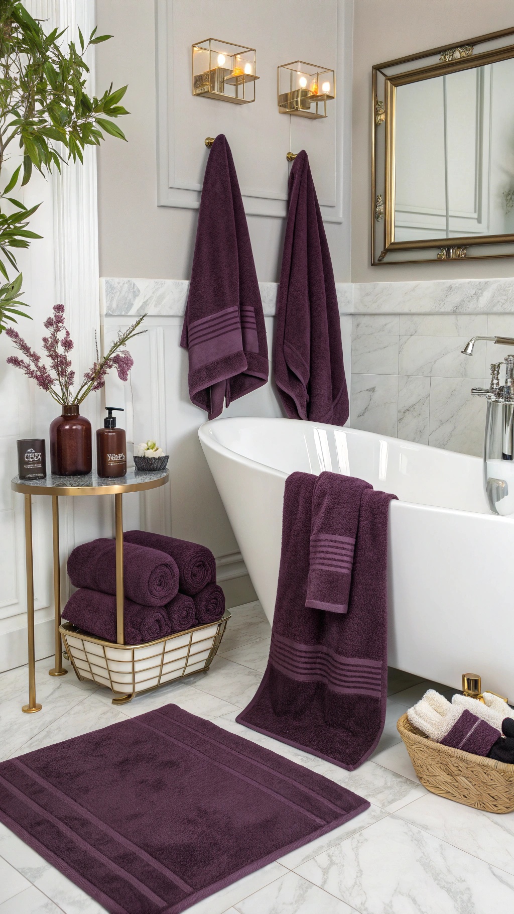 A bathroom featuring deep plum towels, rugs, and decor against a light background.