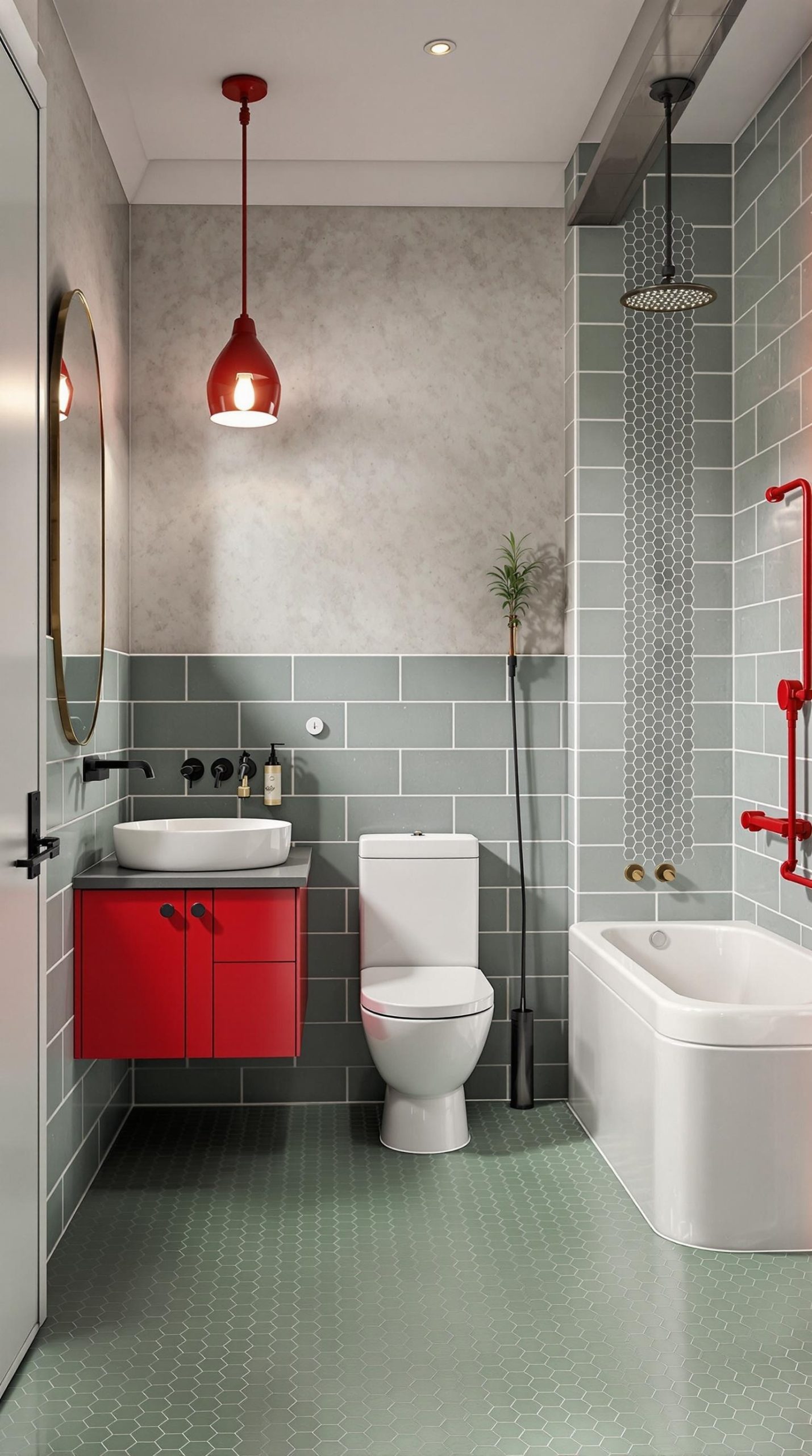 A modern bathroom featuring red cabinetry, green hexagonal tiles, and stylish fixtures.
