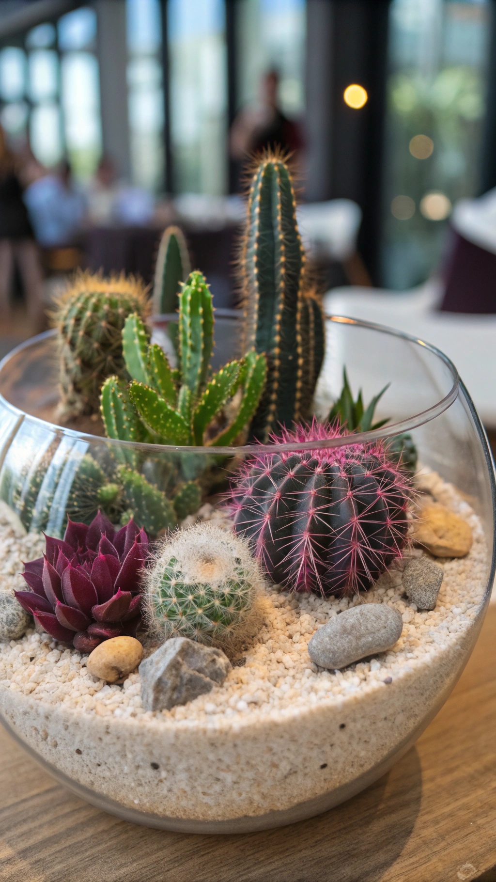 A variety of cacti in a glass terrarium with sand and small rocks.