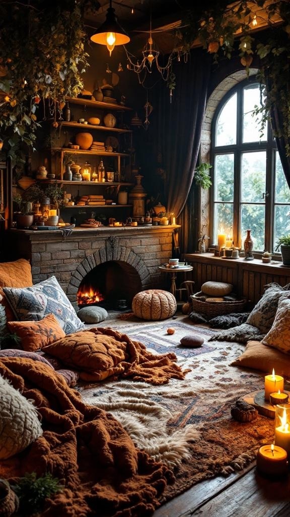 A cozy witch den with layered textures, including rugs, pillows, and warm lighting.