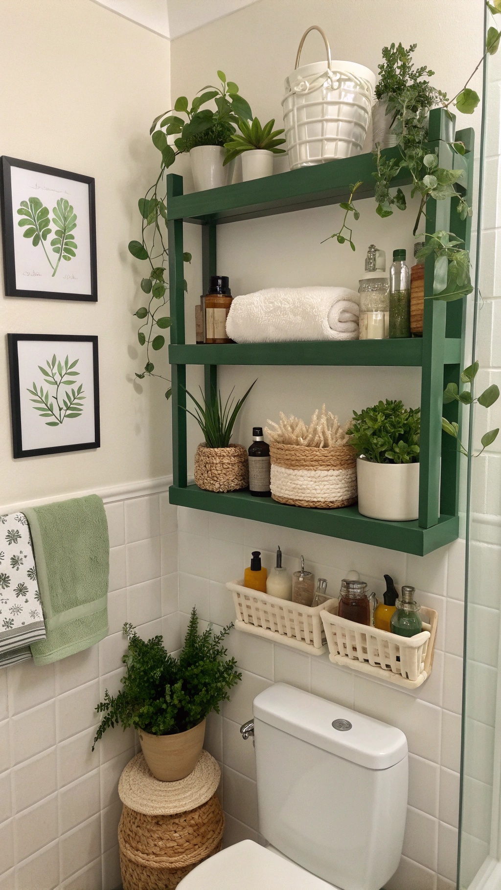 Clover green wall shelves in a bathroom with plants and decor.