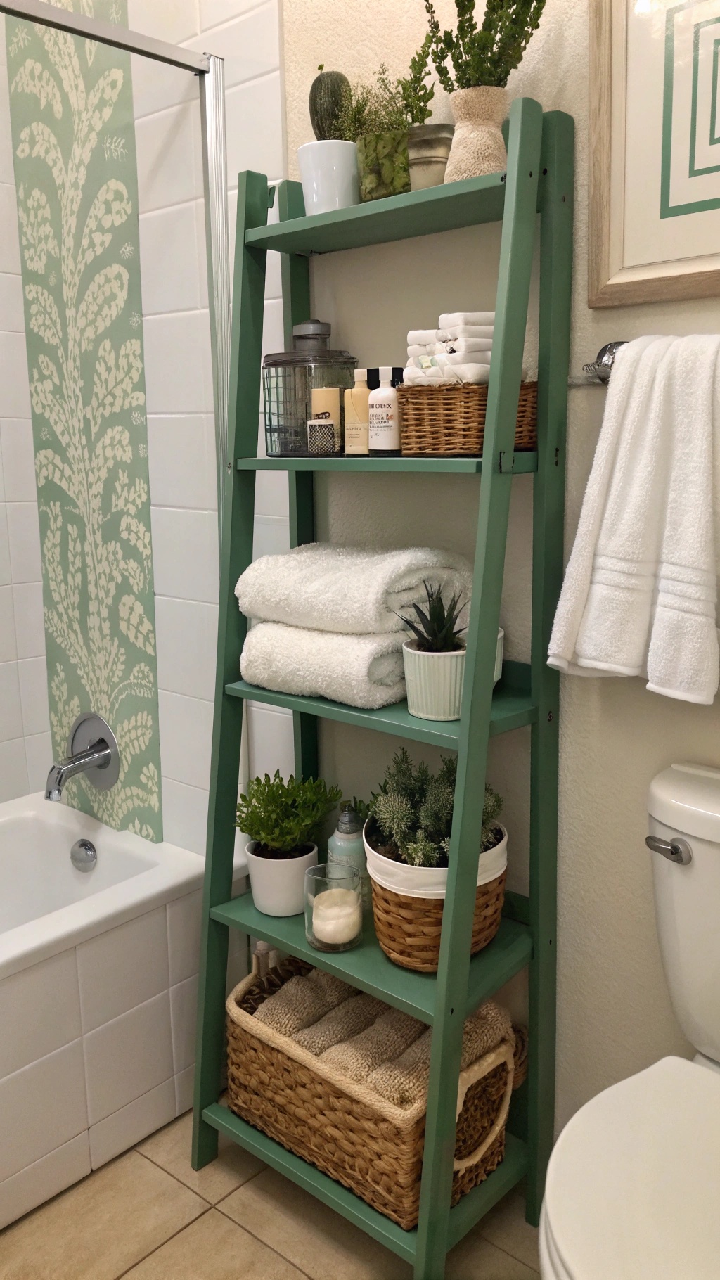 A ladder-style shelf in cactus green with towels, plants, and toiletries.