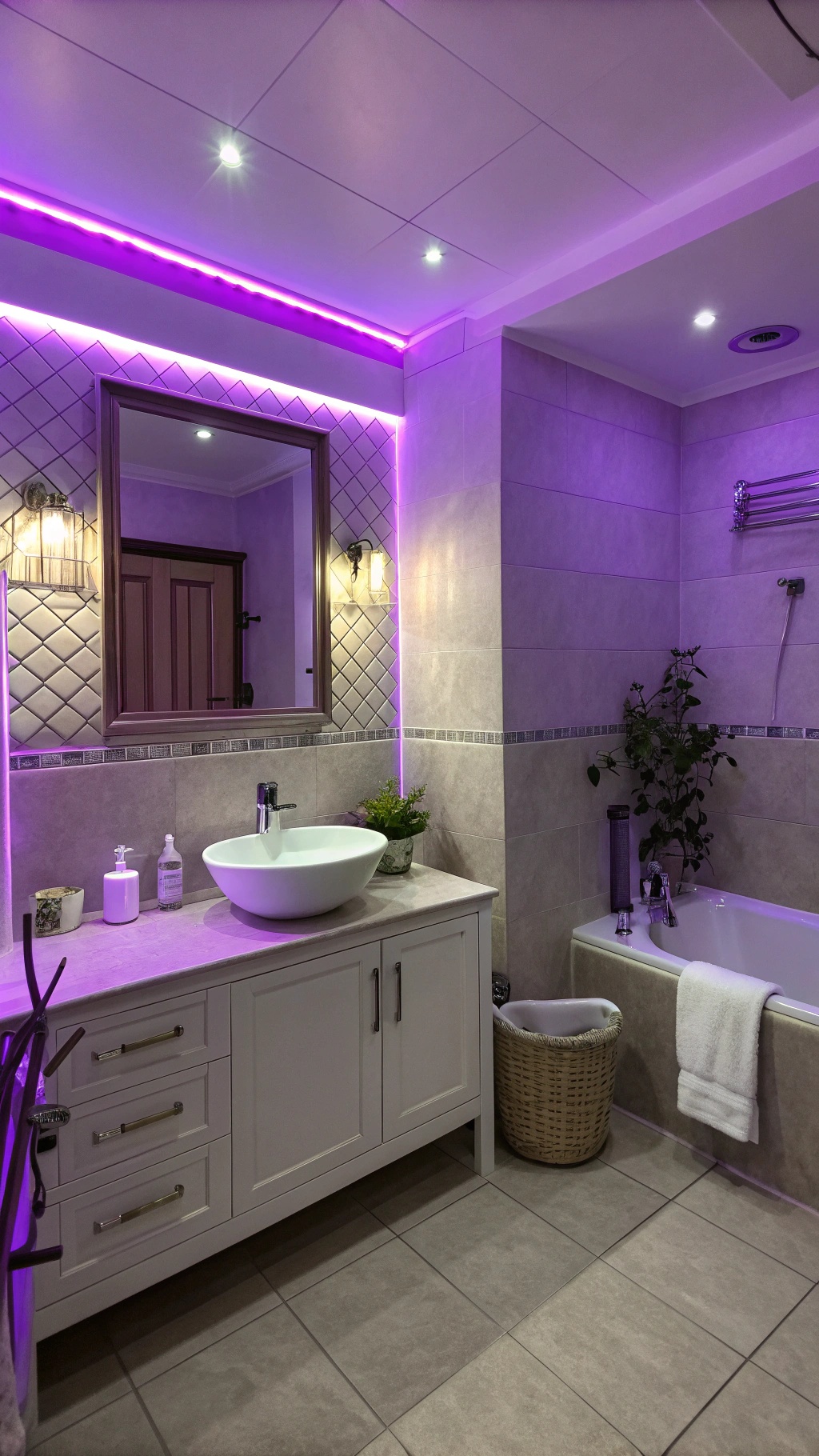 A stylish bathroom featuring violet accent lighting and modern decor.