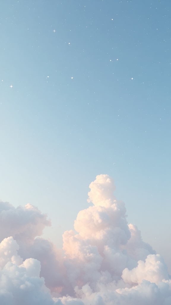 A pastel sky with fluffy clouds and a hint of stars