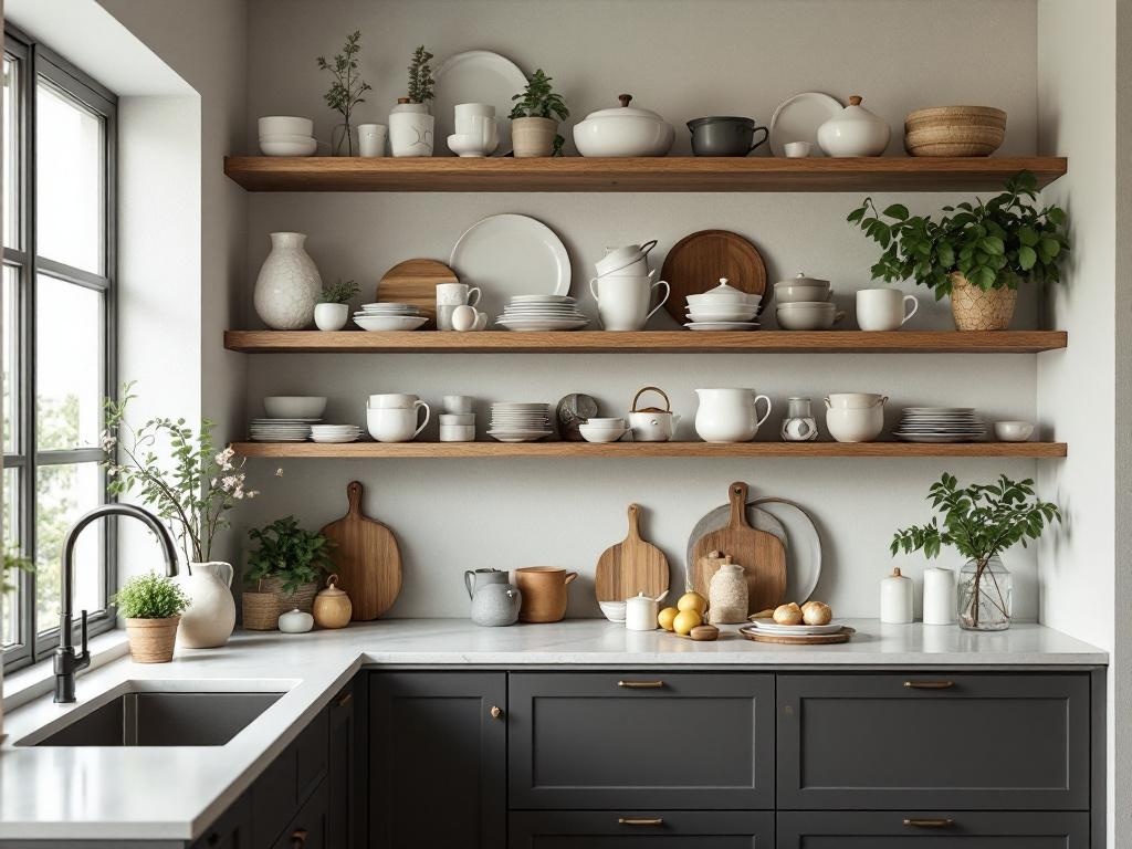 Open shelving in a modern Japandi kitchen displaying ceramics, wooden boards, and plants.