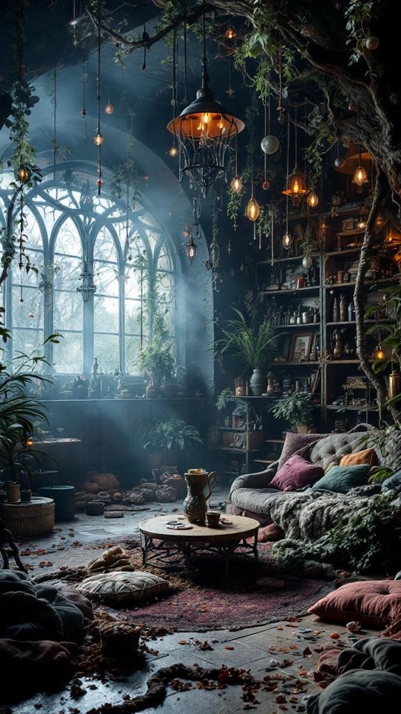 A cozy witch den filled with plants, cushions, and warm lighting.