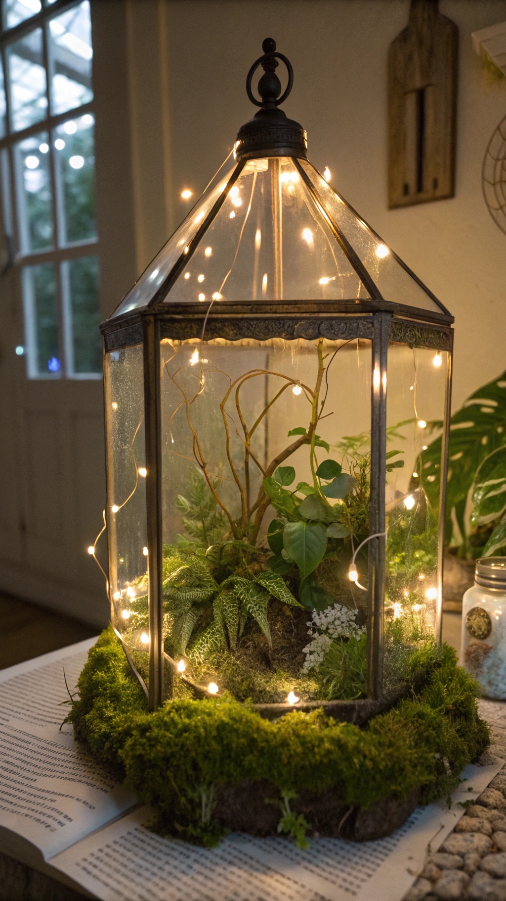 A vintage terrarium with fairy lights, featuring various plants and moss.