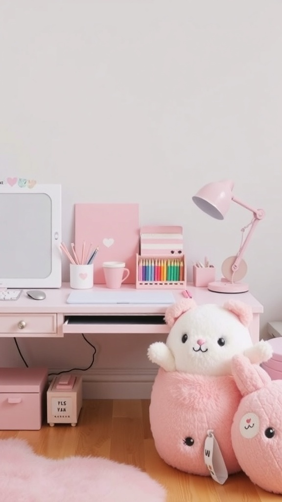 A cute pastel-themed desk with plushies, colorful pens, and fairy lights.