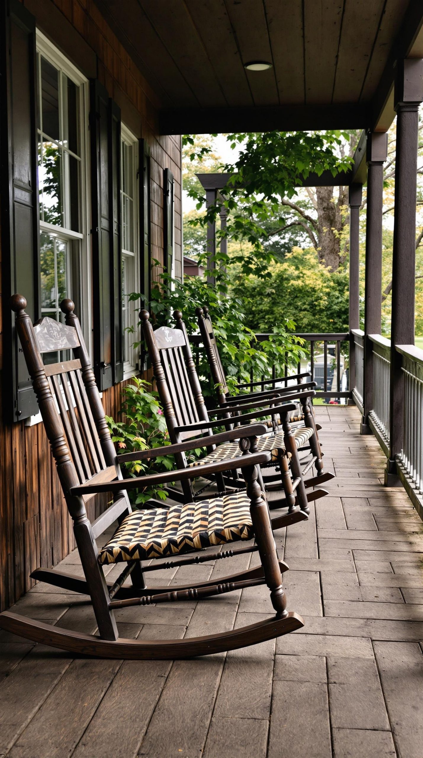 A row of vintage rocking chairs on a porch surrounded by greenery.