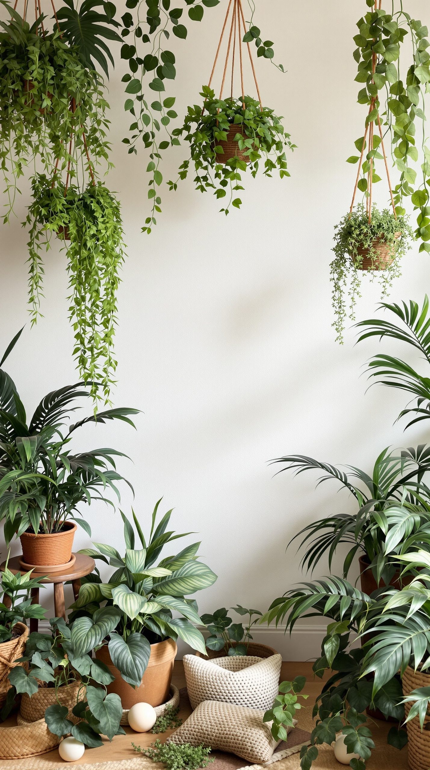 A bohemian setting featuring various hanging plants and greenery, creating a vibrant and inviting atmosphere.