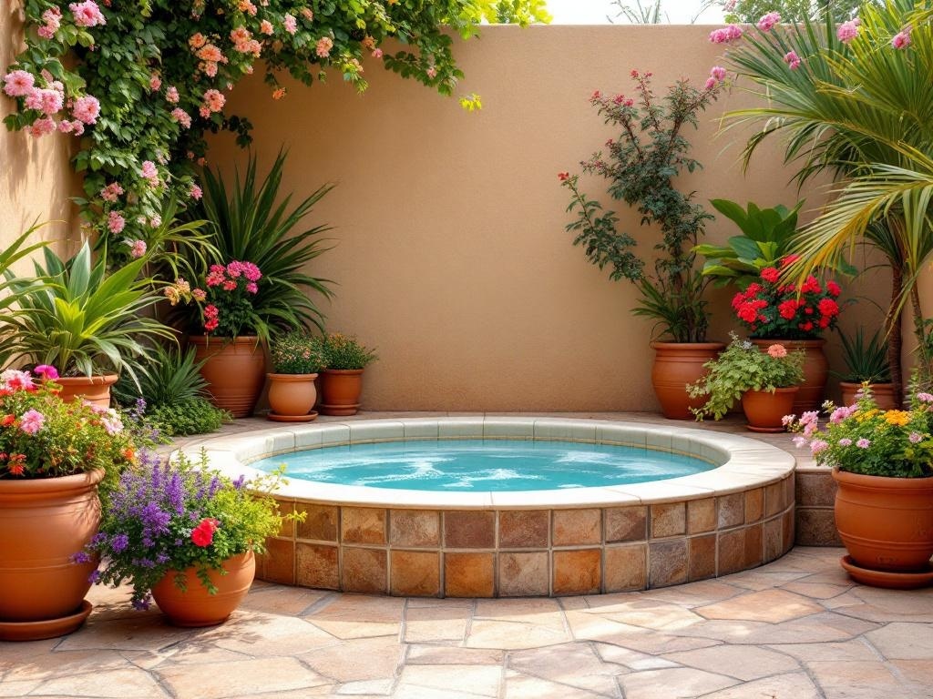 Mediterranean style jacuzzi spa surrounded by potted plants
