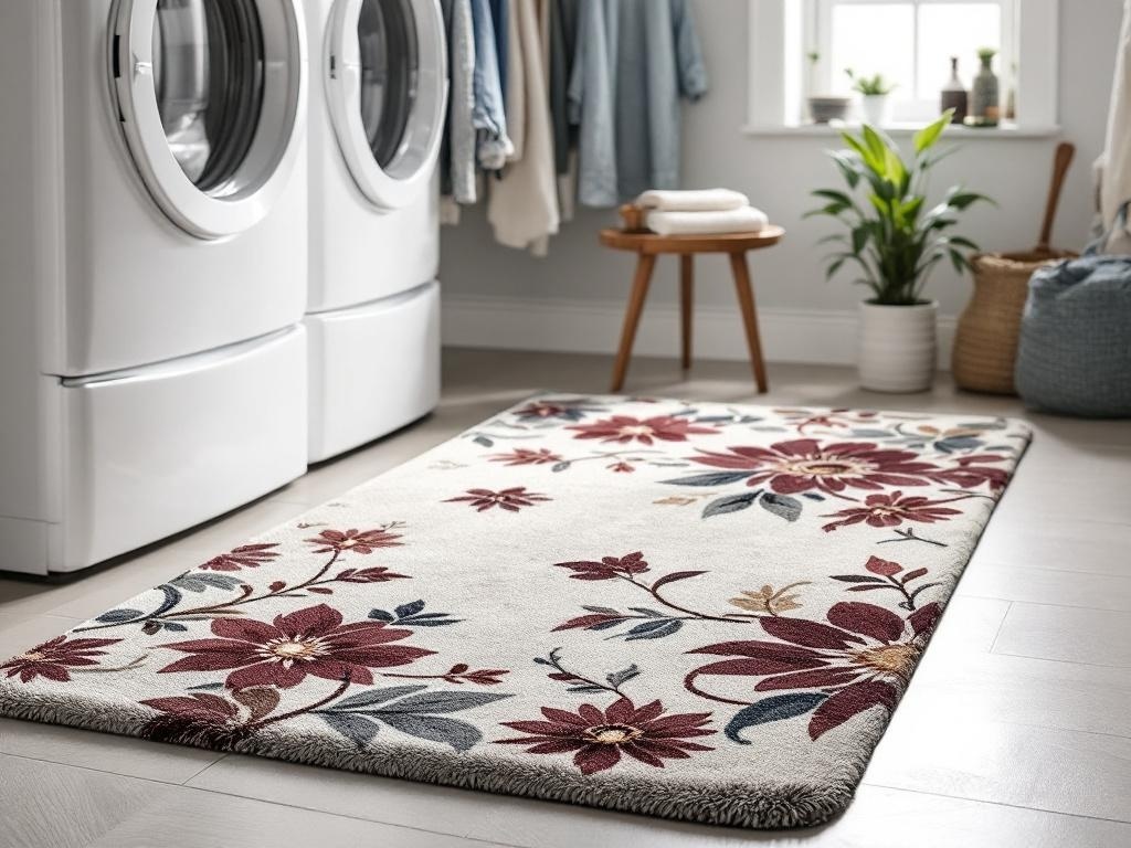 A cozy area rug with burgundy floral design in a laundry room.