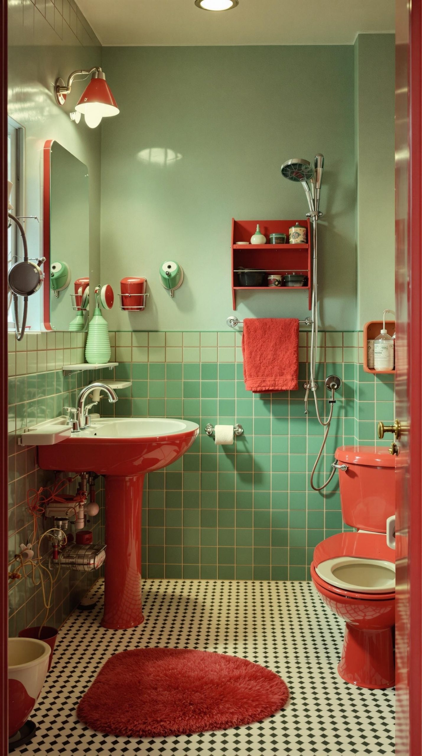 A retro-style bathroom featuring red fixtures, green tiles, and a playful design.
