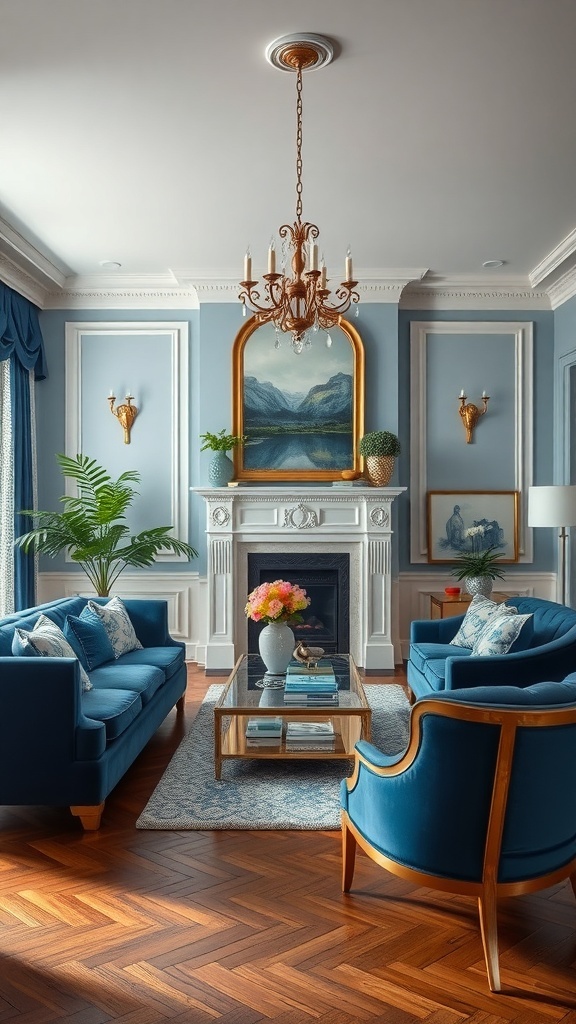 A cozy living room featuring blue walls, blue sofas, gold accents, and elegant decor.